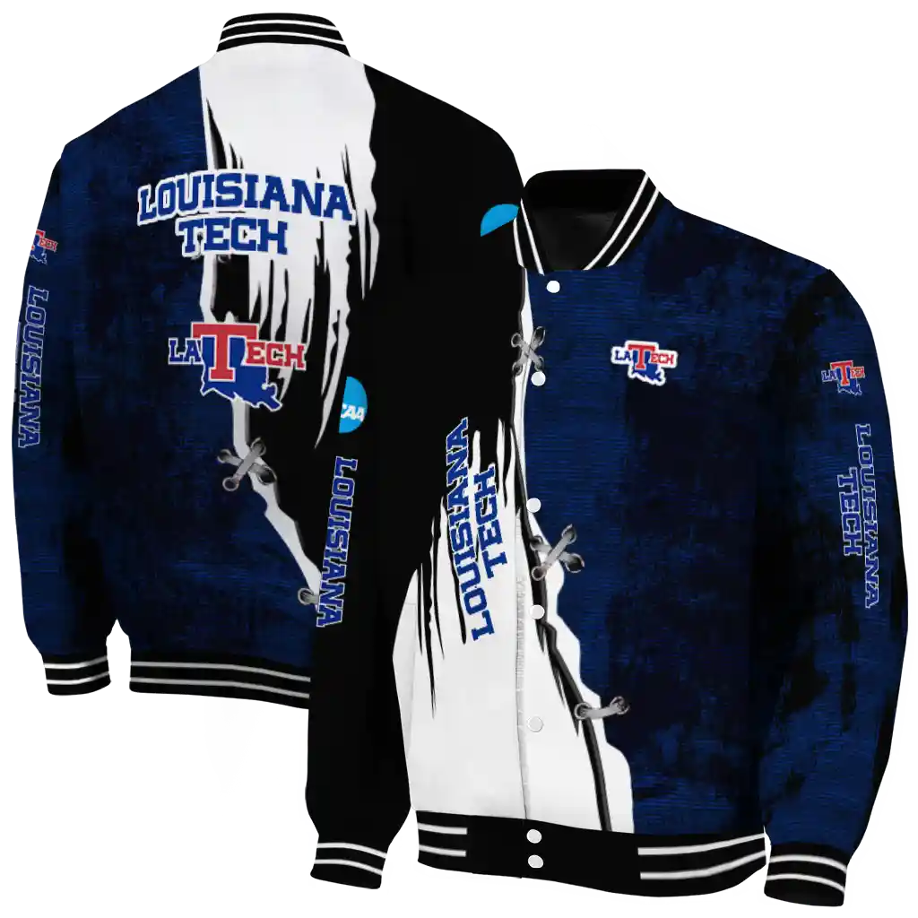 la tech torn texture print blue black varsity jacket fashion forward la tech torn texture print blue black varsity jacket fashion forward