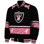 las vegas raiders pink ribbon black pink varsity jacket best selling