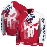 liberty flames skull outline red white varsity jacket best selling