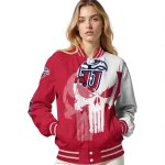 liberty flames skull outline red white varsity jacket best selling