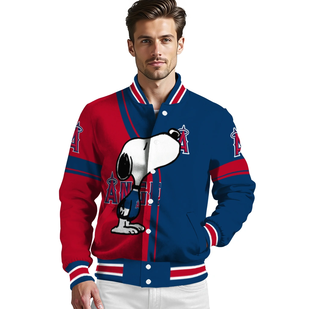 los angeles angels snoopy attitude blue varsity jacket high quality los angeles angels snoopy attitude blue varsity jacket high quality