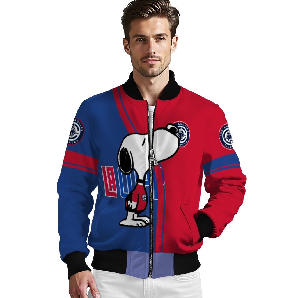 los angeles clippers snoopy attitude red bomber jacket high quality los angeles clippers snoopy attitude red bomber jacket high quality