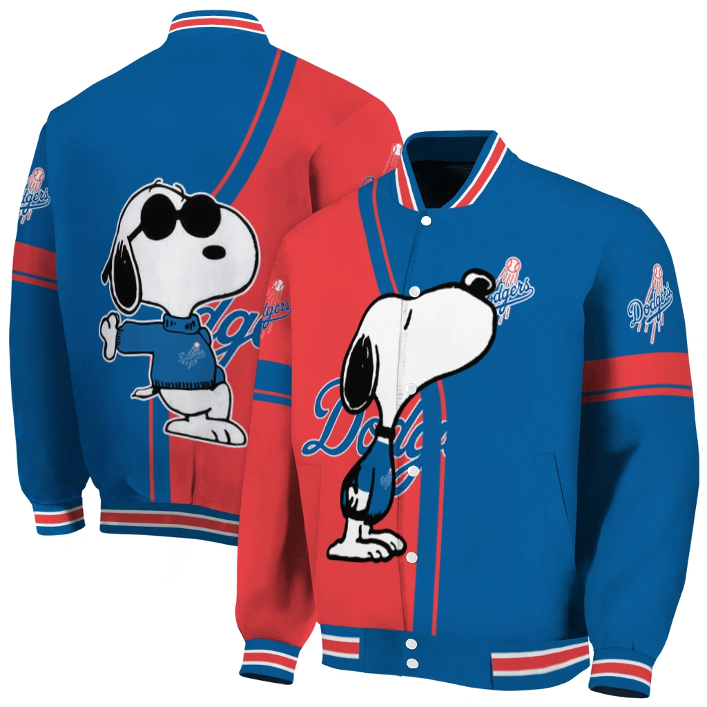 los angeles dodgers snoopy attitude blue varsity jacket fashion forward los angeles dodgers snoopy attitude blue varsity jacket fashion forward