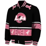 los angeles rams pink ribbon black pink varsity jacket best selling