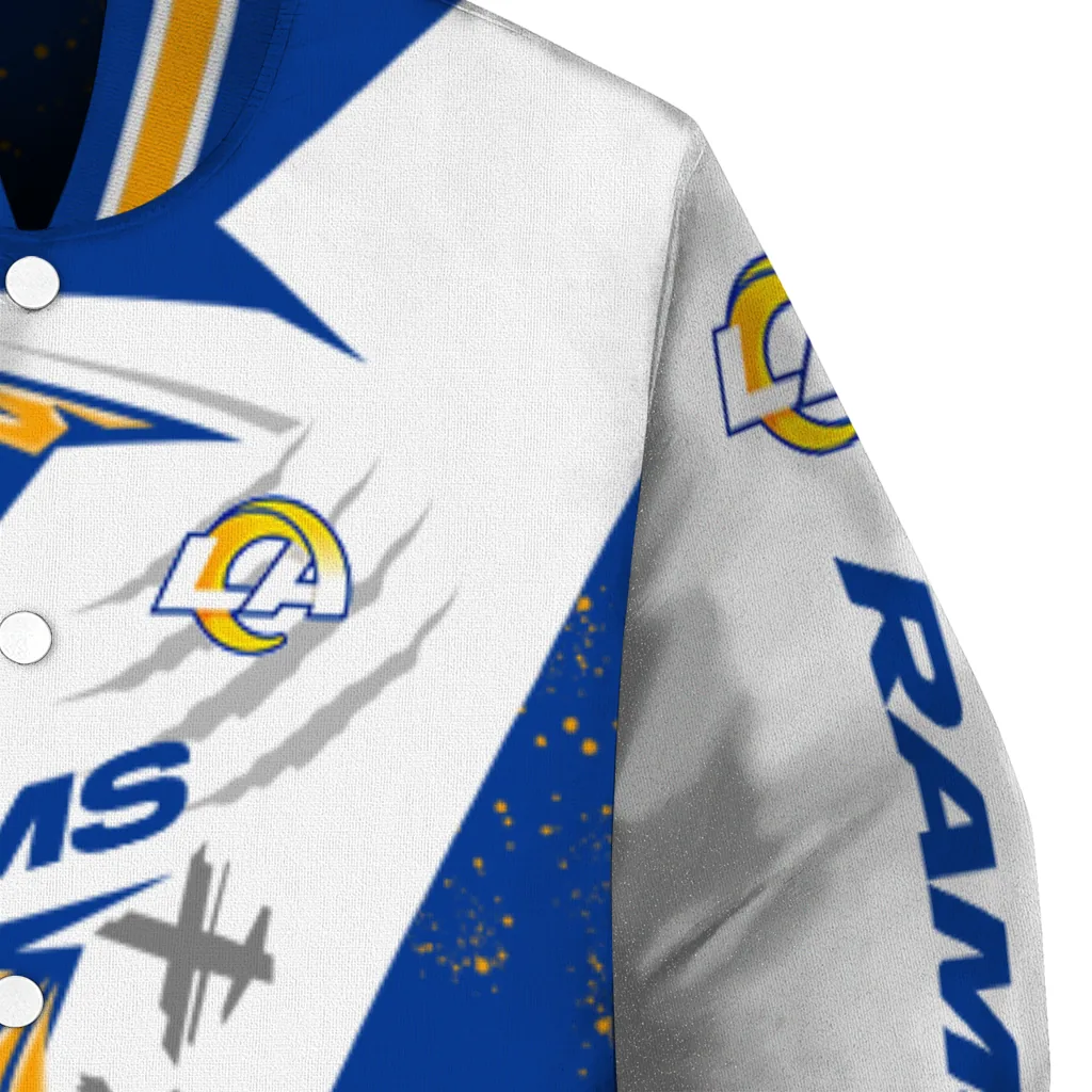 los angeles rams ripped bolt blue white varsity jacket premium grade los angeles rams ripped bolt blue white varsity jacket premium grade