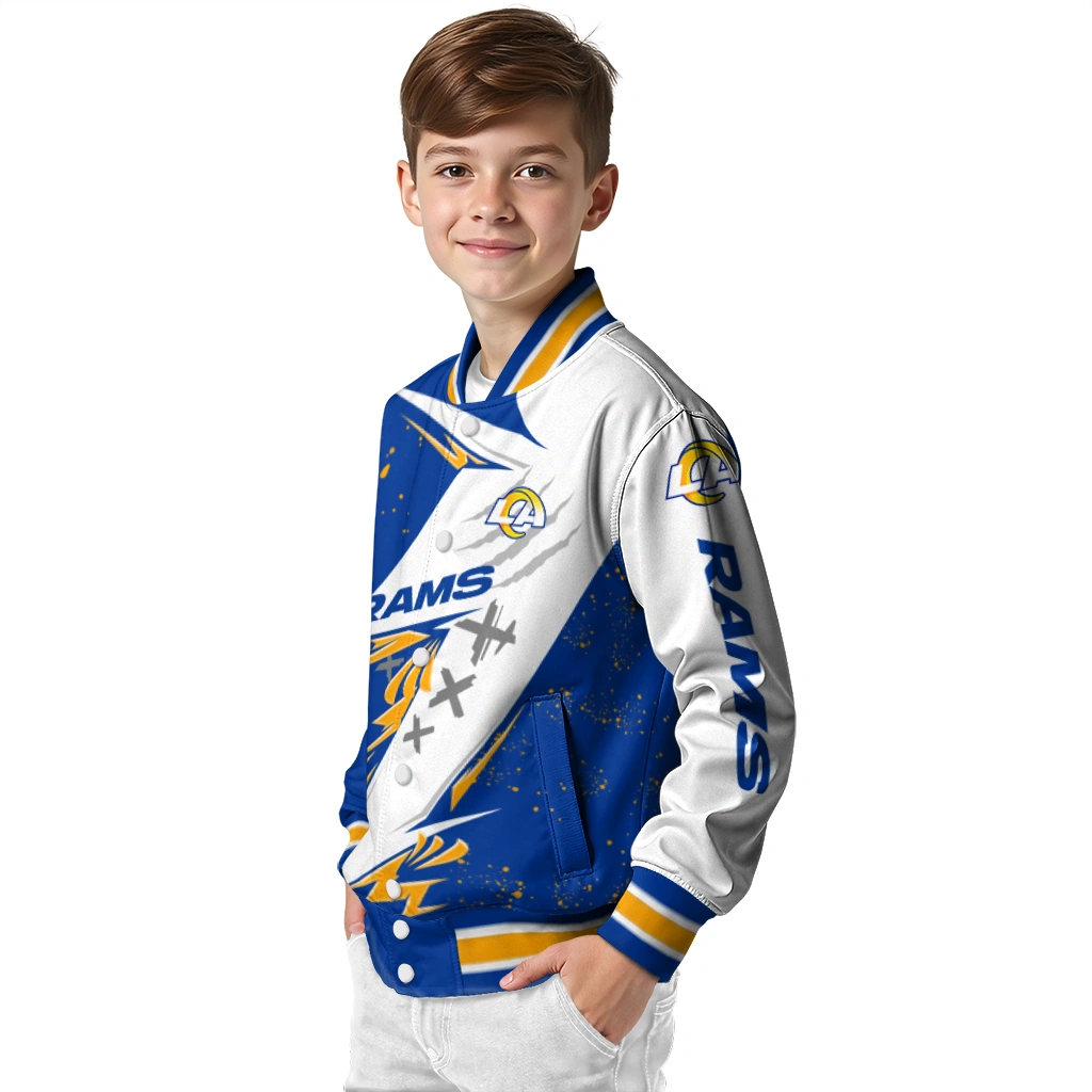 los angeles rams ripped bolt blue white varsity jacket trendy los angeles rams ripped bolt blue white varsity jacket trendy