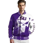 lsu tigers skull outline purple white varsity jacket best selling