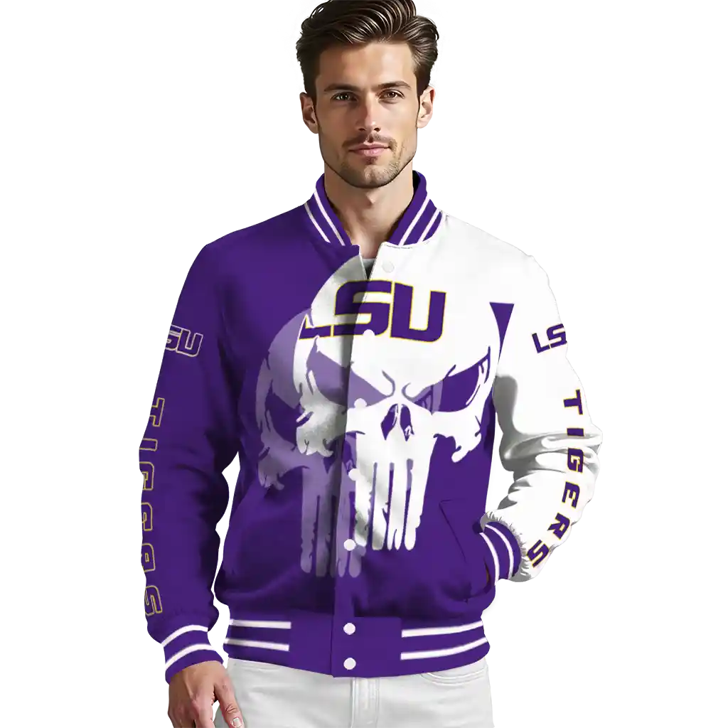 lsu tigers skull outline purple white varsity jacket high quality lsu tigers skull outline purple white varsity jacket high quality
