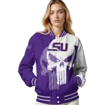 lsu tigers skull outline purple white varsity jacket best selling