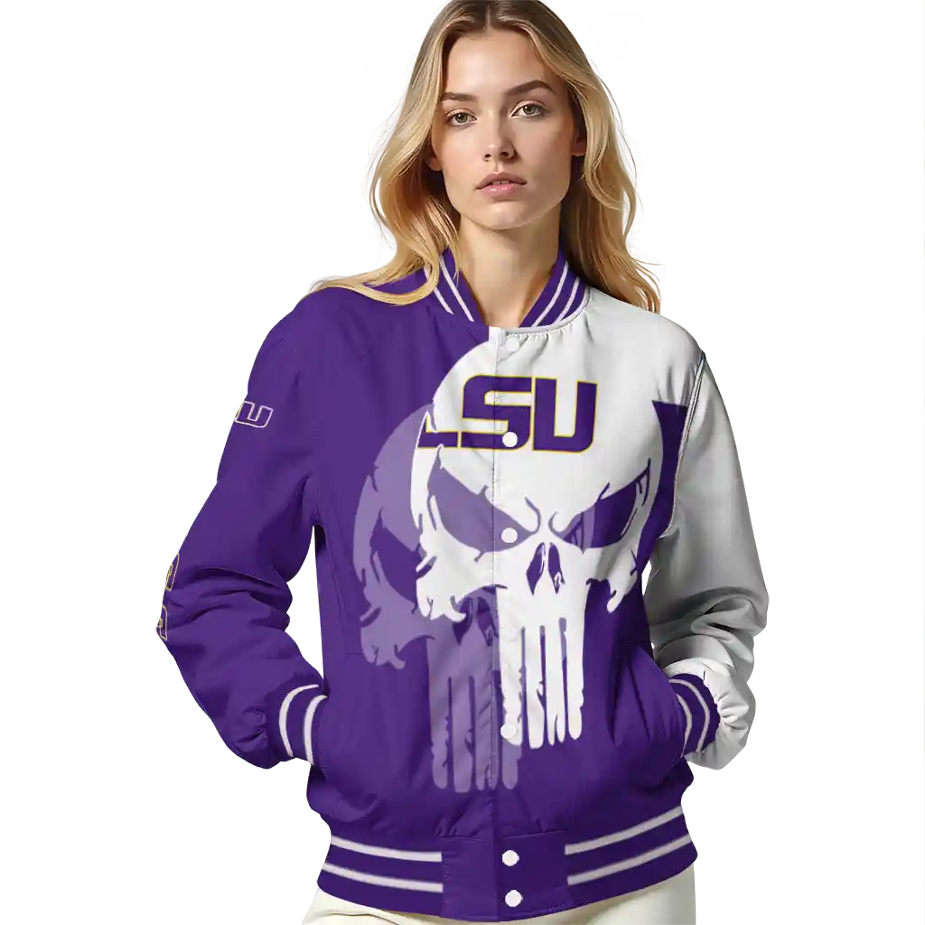 lsu tigers skull outline purple white varsity jacket latest model lsu tigers skull outline purple white varsity jacket latest model