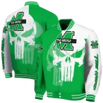 marshall thundering herd skull outline green white varsity jacket best selling