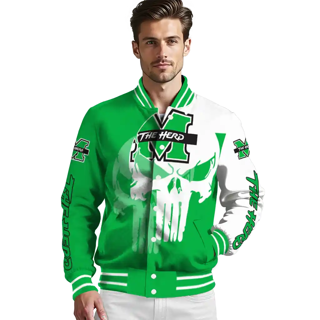 marshall thundering herd skull outline green white varsity jacket high quality marshall thundering herd skull outline green white varsity jacket high quality
