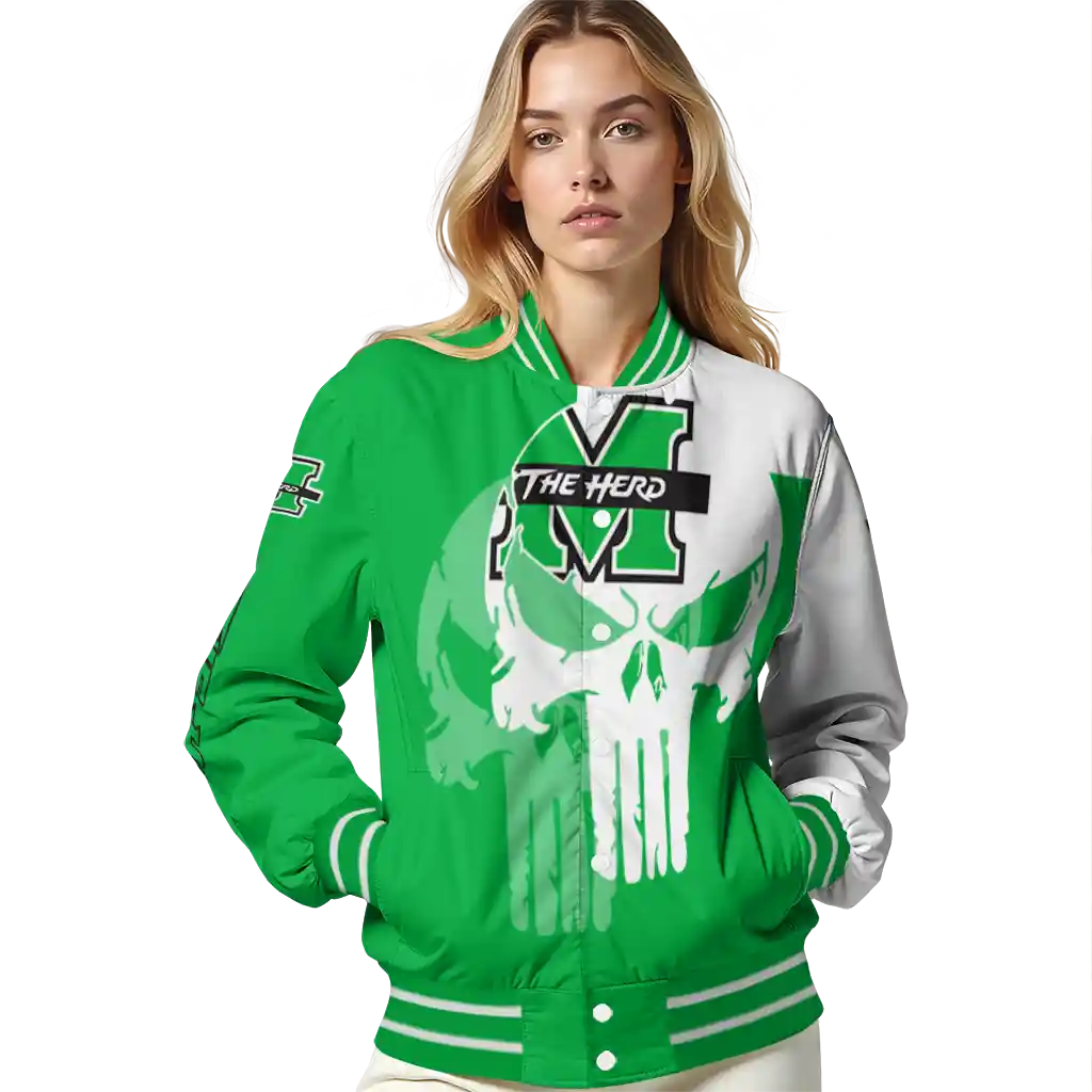 marshall thundering herd skull outline green white varsity jacket latest model marshall thundering herd skull outline green white varsity jacket latest model