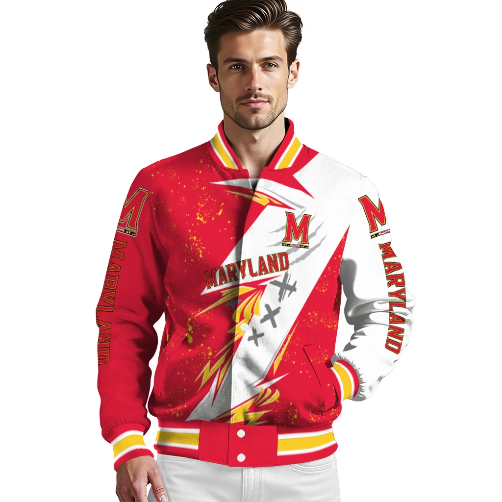 maryland terrapins ripped bolt red white varsity jacket high quality maryland terrapins ripped bolt red white varsity jacket high quality