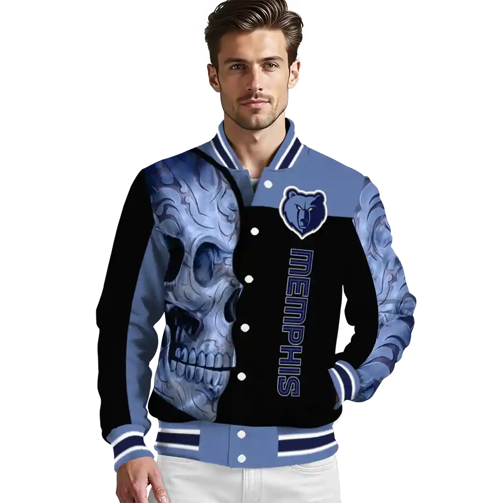 memphis grizzlies fire skull blue black varsity jacket high quality memphis grizzlies fire skull blue black varsity jacket high quality