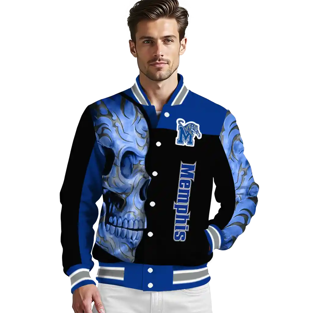 memphis tigers fire skull blue black varsity jacket high quality memphis tigers fire skull blue black varsity jacket high quality