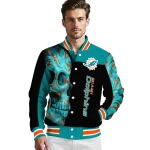 miami dolphins fire skull aqua black varsity jacket best selling