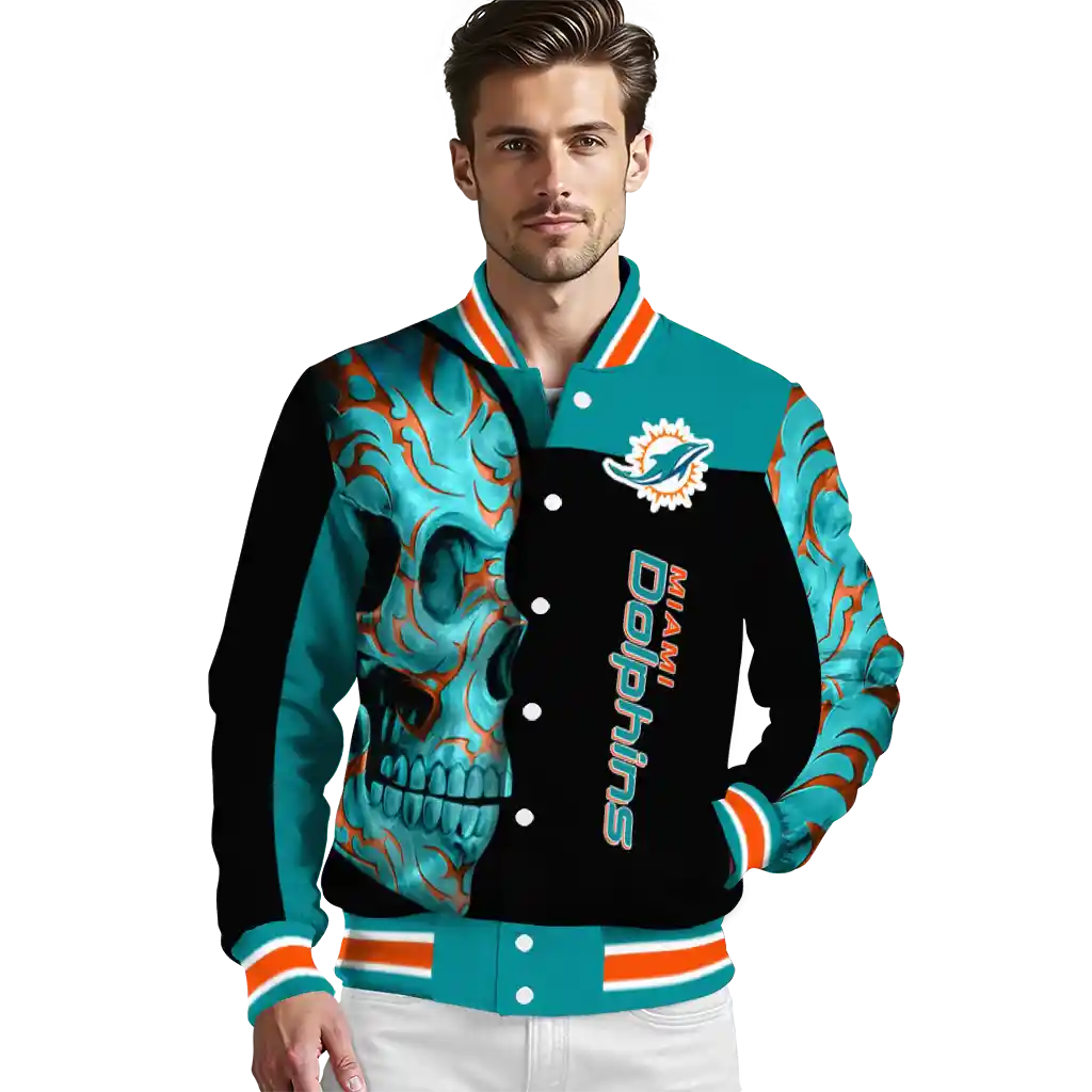 miami dolphins fire skull aqua black varsity jacket high quality miami dolphins fire skull aqua black varsity jacket high quality