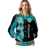 miami dolphins fire skull aqua black varsity jacket best selling