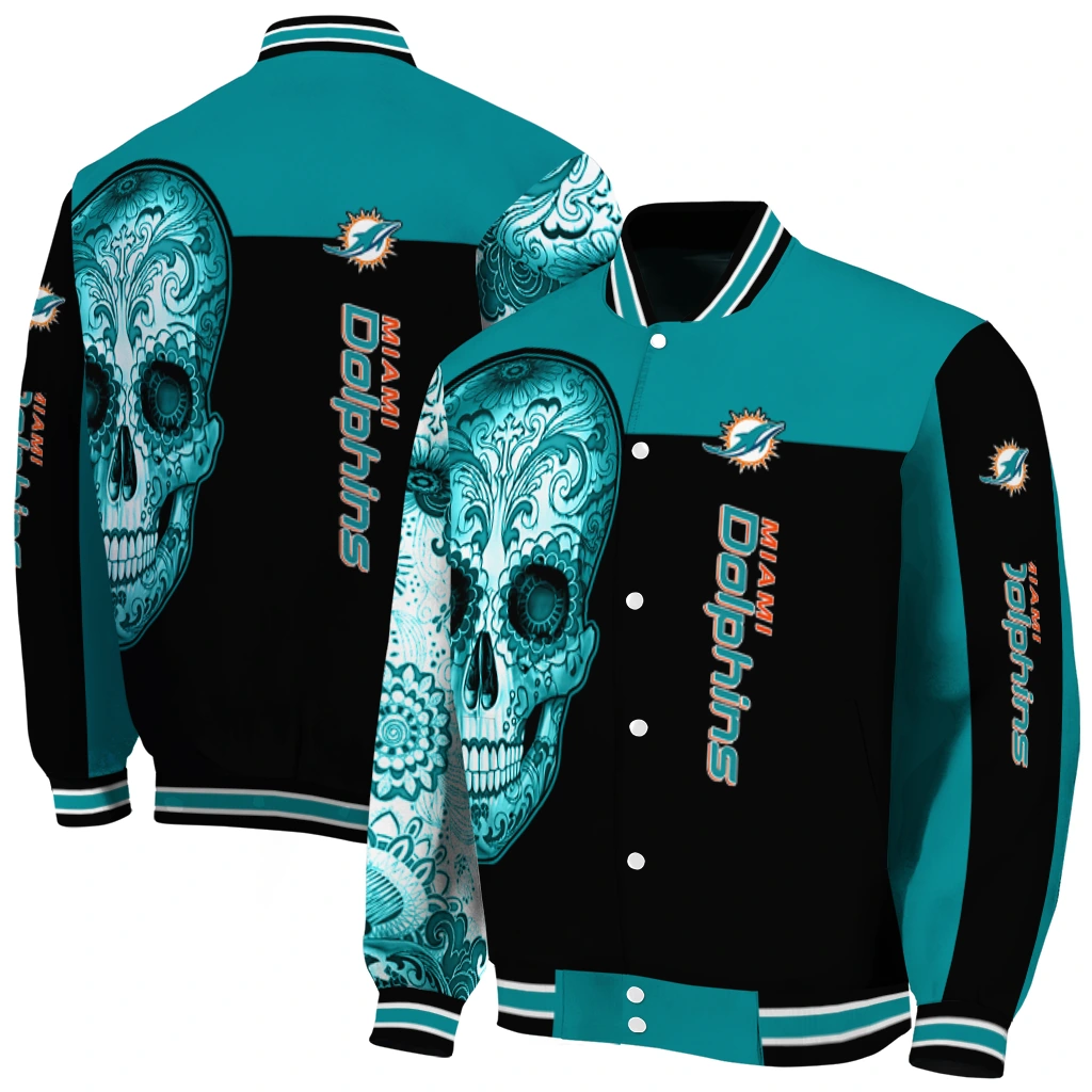 miami dolphins intricate skull aqua black varsity jacket fashion forward miami dolphins intricate skull aqua black varsity jacket fashion forward