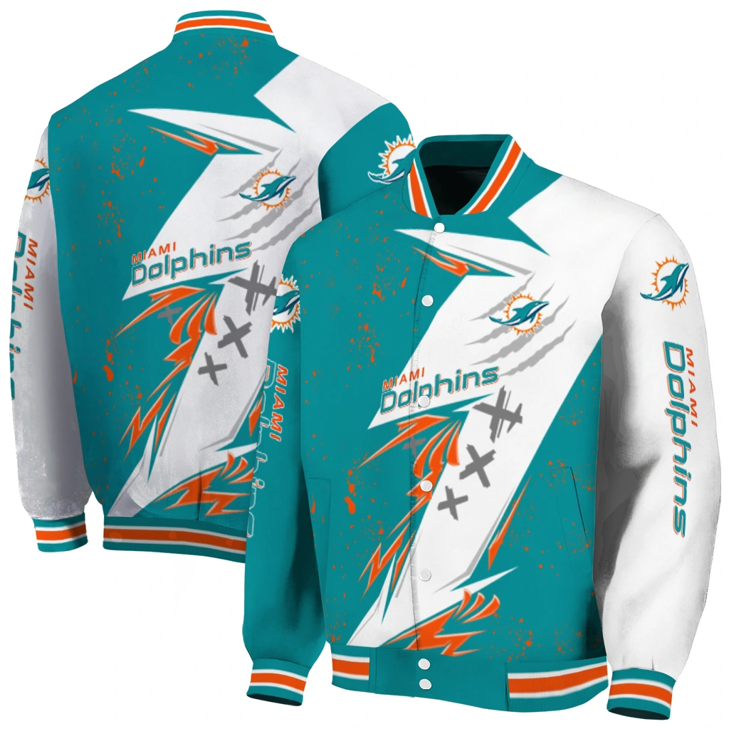 miami dolphins ripped bolt aqua white varsity jacket fashion forward miami dolphins ripped bolt aqua white varsity jacket fashion forward