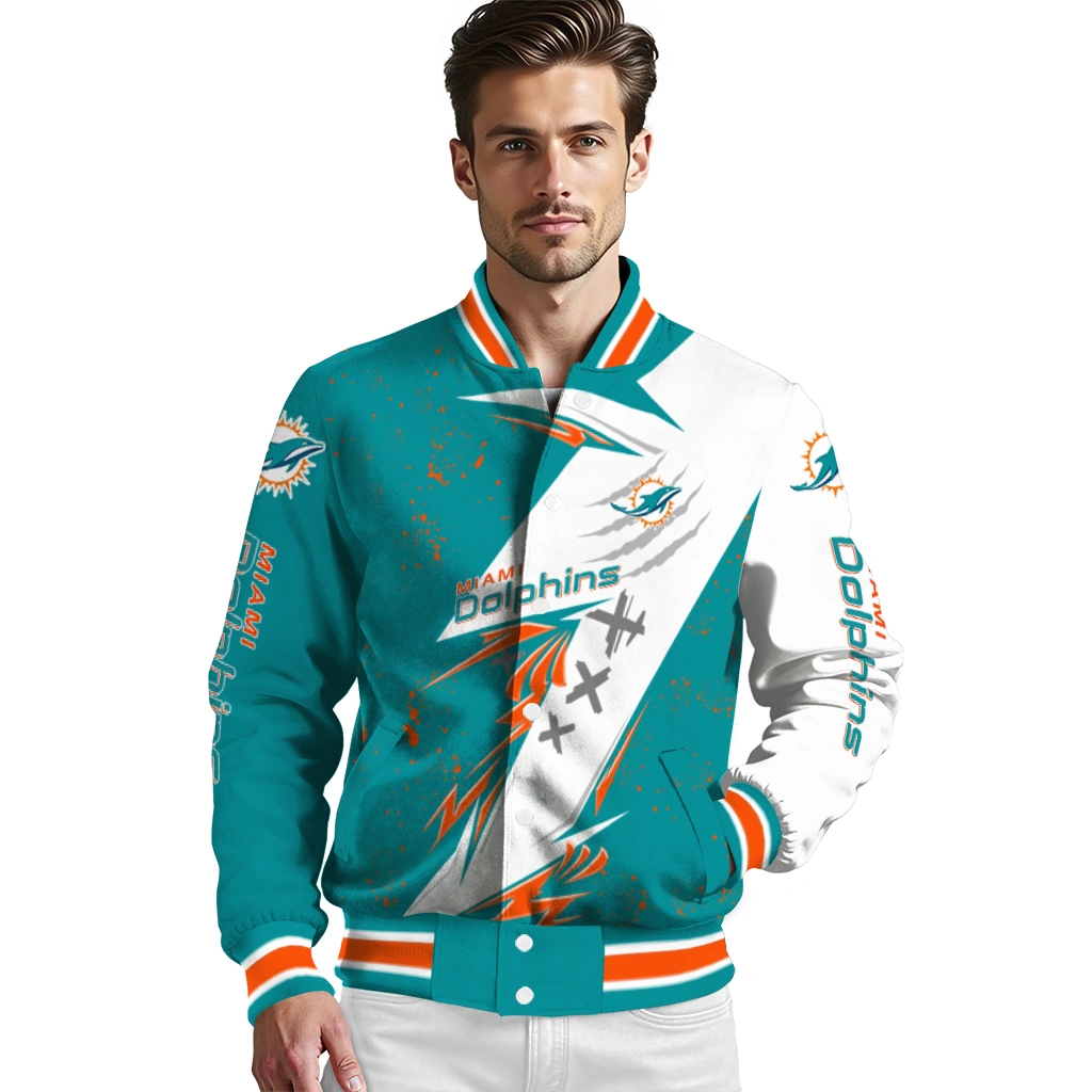 miami dolphins ripped bolt aqua white varsity jacket high quality miami dolphins ripped bolt aqua white varsity jacket high quality