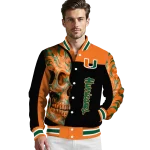 miami hurricanes fire skull orange black varsity jacket best selling