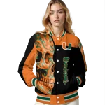 miami hurricanes fire skull orange black varsity jacket best selling
