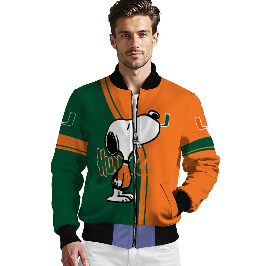 miami hurricanes snoopy attitude orange bomber jacket high quality miami hurricanes snoopy attitude orange bomber jacket high quality