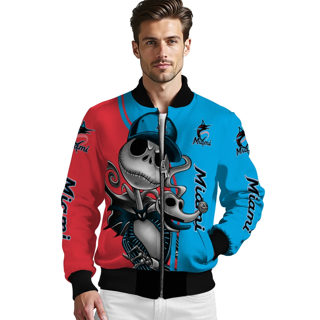 miami marlins spooky grin blue bomber jacket high quality miami marlins spooky grin blue bomber jacket high quality