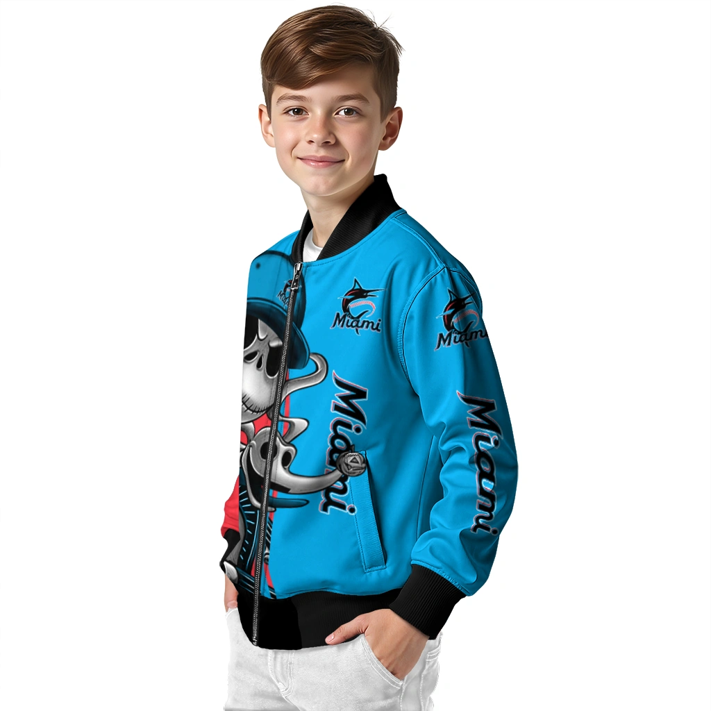 miami marlins spooky grin blue bomber jacket trendy miami marlins spooky grin blue bomber jacket trendy