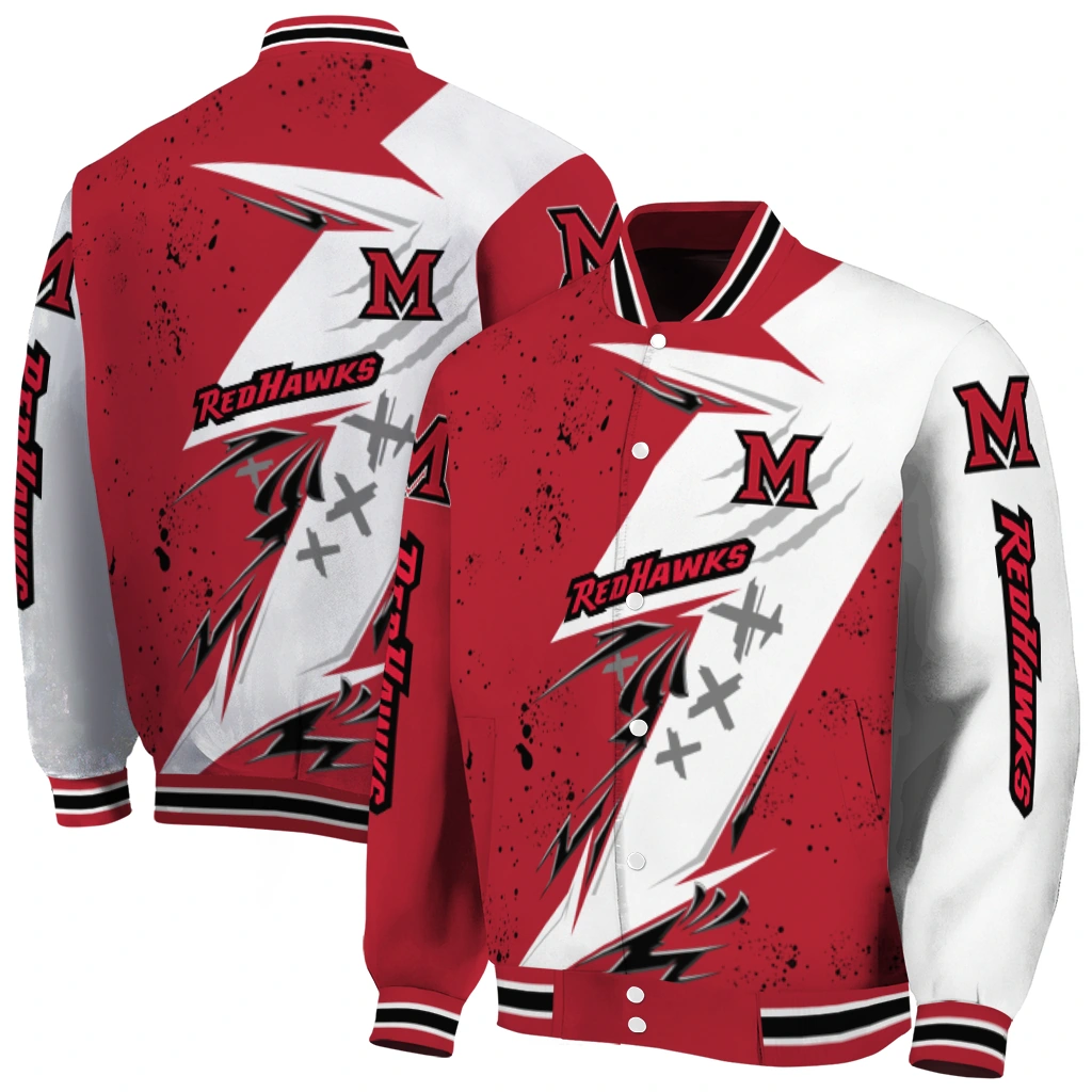 miami redhawks ripped bolt red white varsity jacket fashion forward miami redhawks ripped bolt red white varsity jacket fashion forward