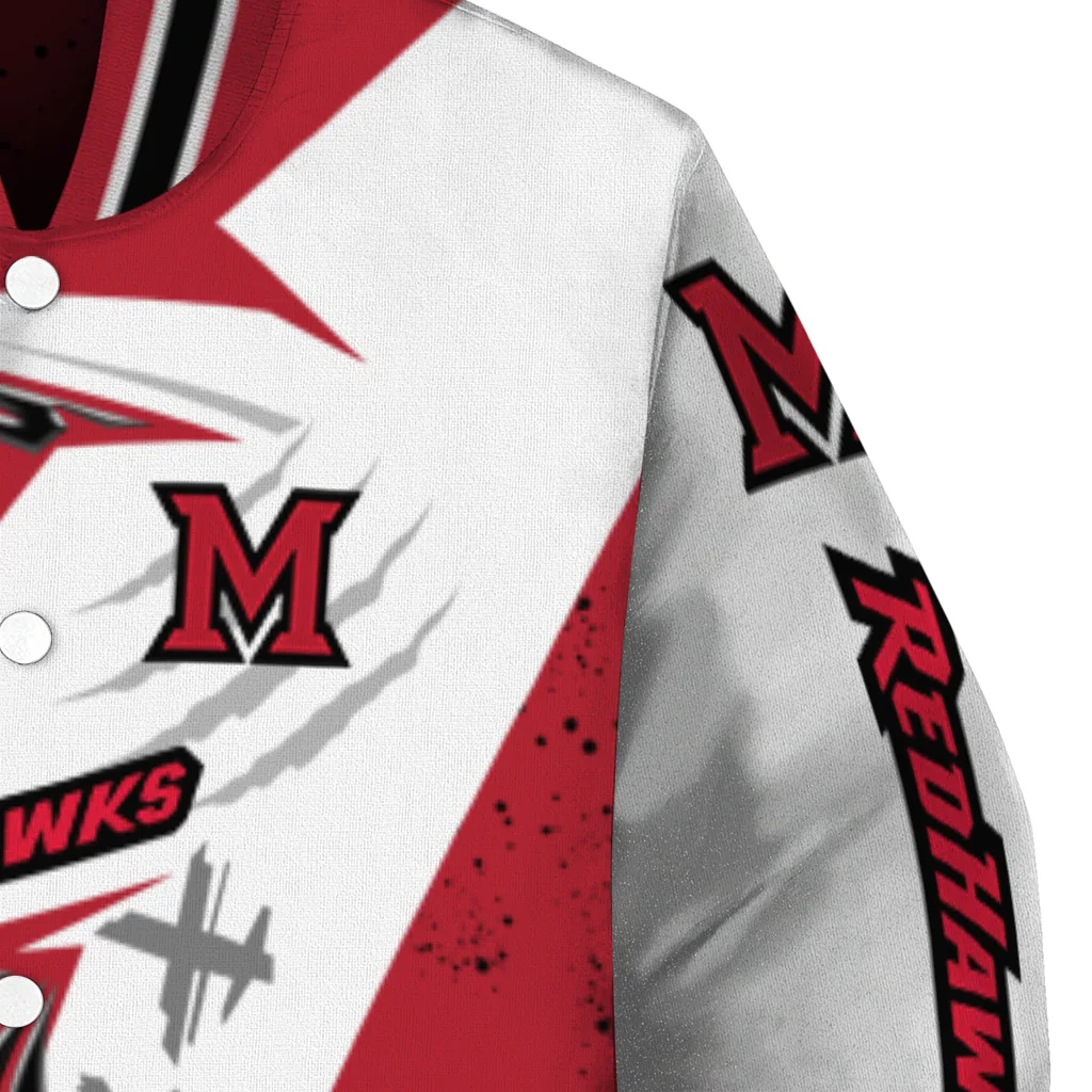 miami redhawks ripped bolt red white varsity jacket premium grade miami redhawks ripped bolt red white varsity jacket premium grade