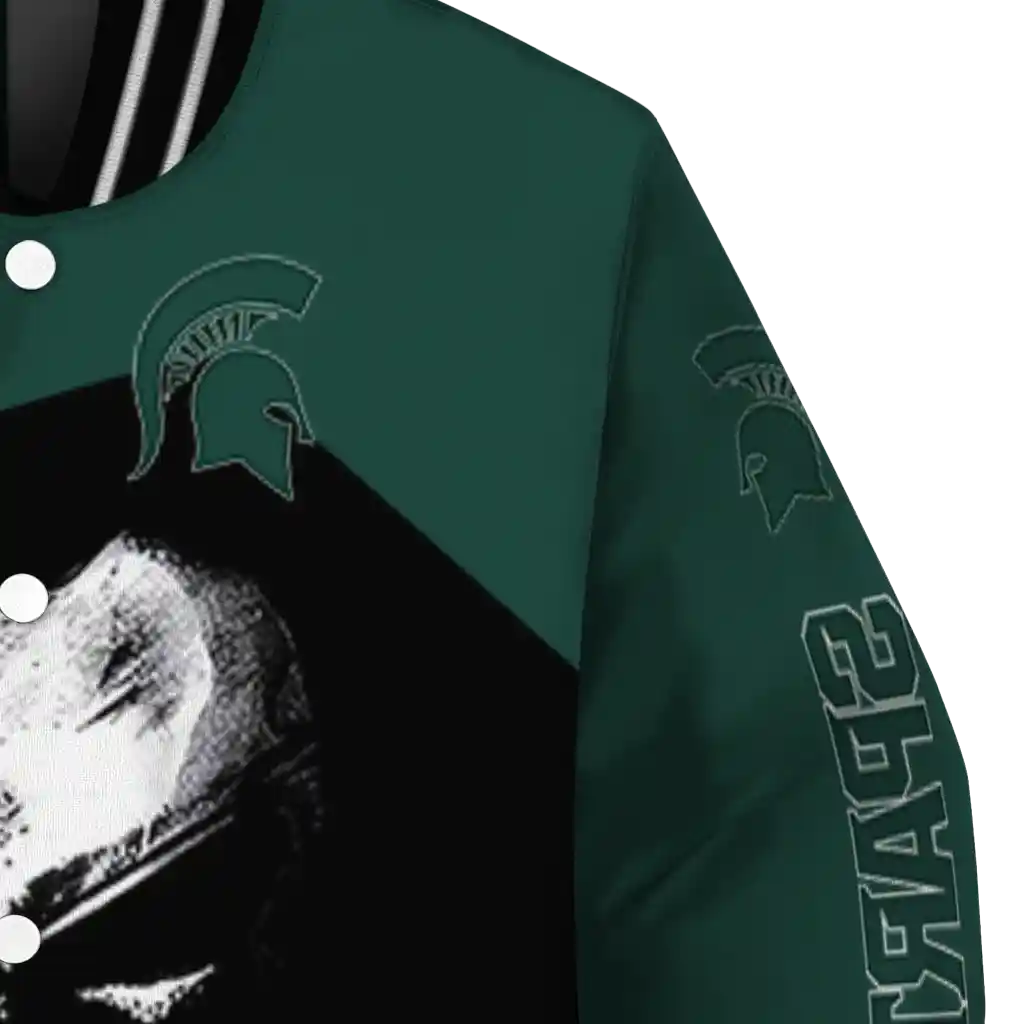 michigan state spartans edgy mask green black varsity jacket premium grade michigan state spartans edgy mask green black varsity jacket premium grade