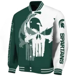 michigan state spartans skull outline green white varsity jacket best selling