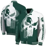 michigan state spartans skull outline green white varsity jacket best selling
