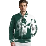 michigan state spartans skull outline green white varsity jacket best selling