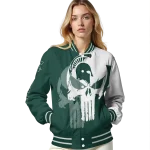 michigan state spartans skull outline green white varsity jacket best selling