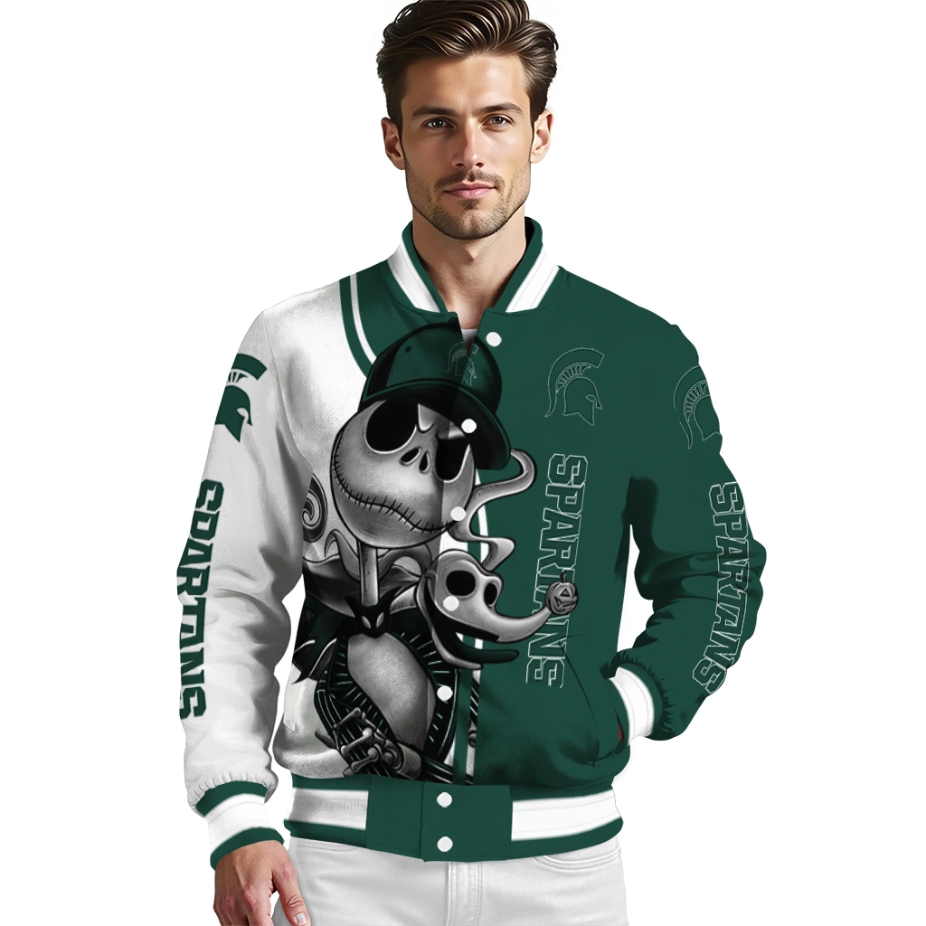 michigan state spartans spooky grin green varsity jacket high quality michigan state spartans spooky grin green varsity jacket high quality