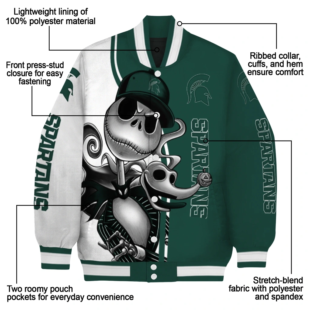 michigan state spartans spooky grin green varsity jacket new arrival michigan state spartans spooky grin green varsity jacket new arrival