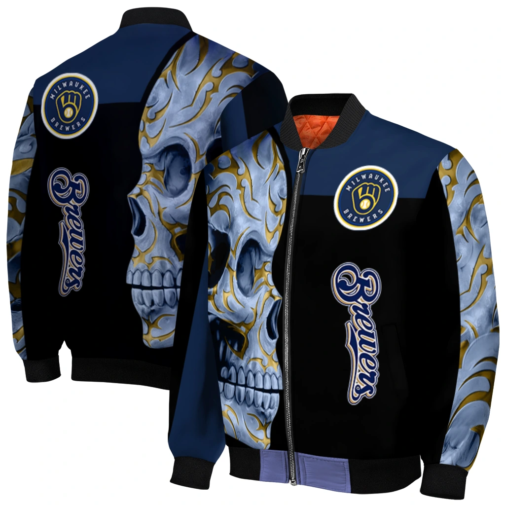 milwaukee brewers fire skull navy blue black bomber jacket best selling milwaukee brewers fire skull navy blue black bomber jacket best selling