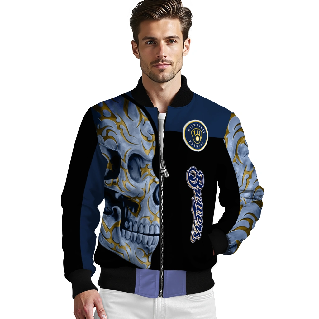 milwaukee brewers fire skull navy blue black bomber jacket high quality milwaukee brewers fire skull navy blue black bomber jacket high quality
