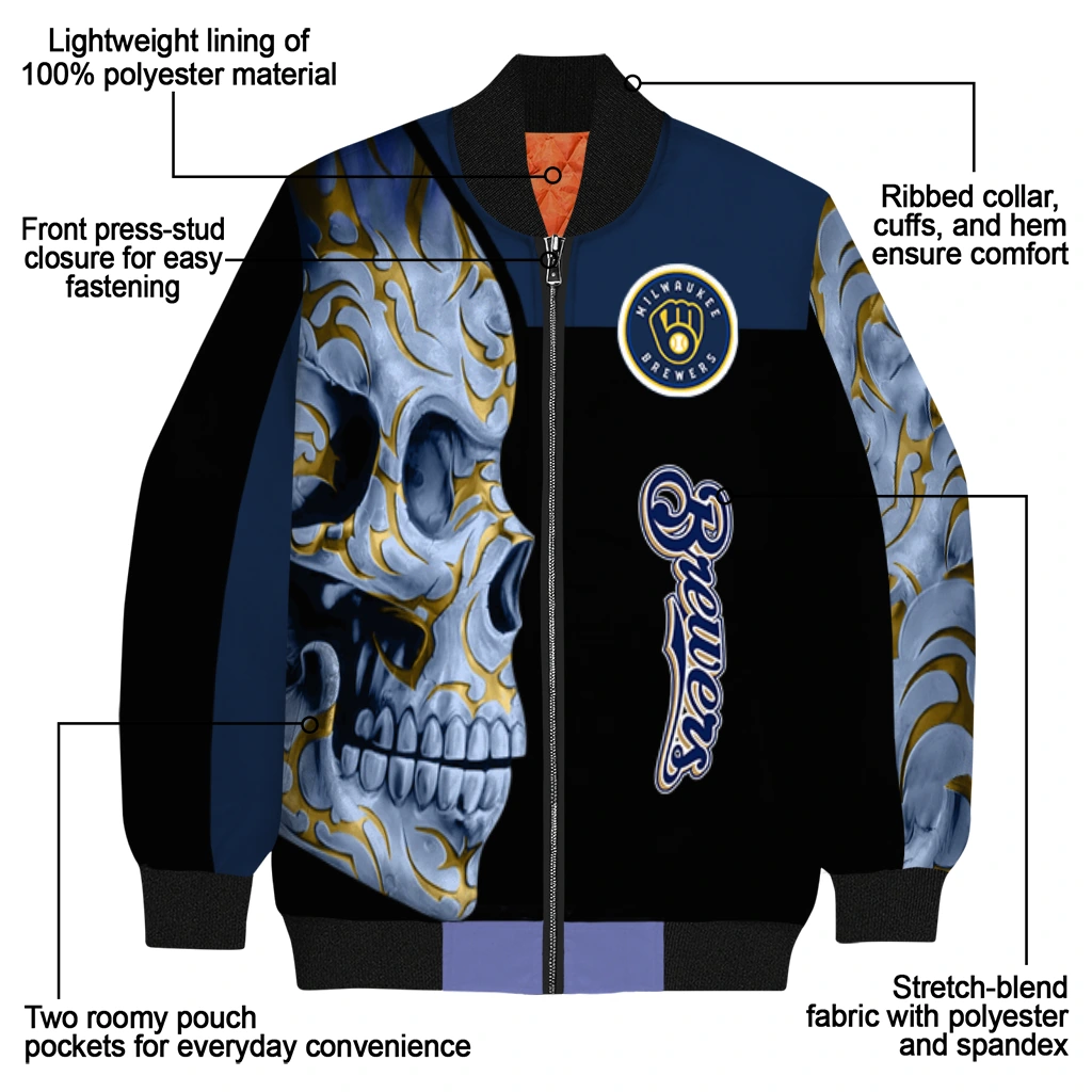 milwaukee brewers fire skull navy blue black bomber jacket new arrival milwaukee brewers fire skull navy blue black bomber jacket new arrival