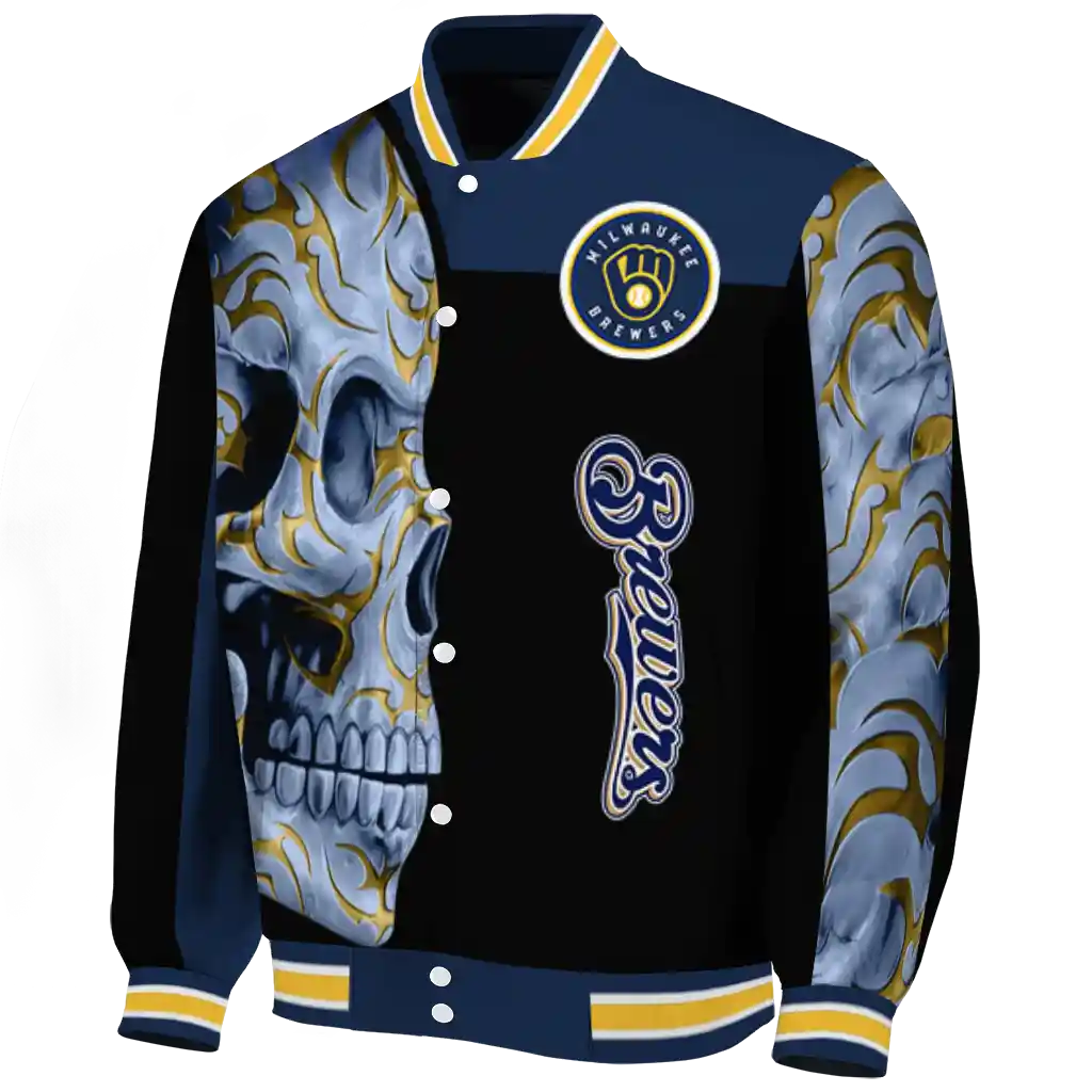 milwaukee brewers fire skull navy blue black varsity jacket best selling milwaukee brewers fire skull navy blue black varsity jacket best selling