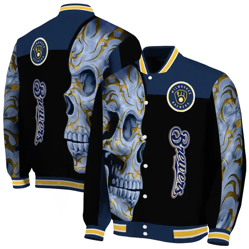 milwaukee brewers fire skull navy blue black varsity jacket fashion forward milwaukee brewers fire skull navy blue black varsity jacket fashion forward