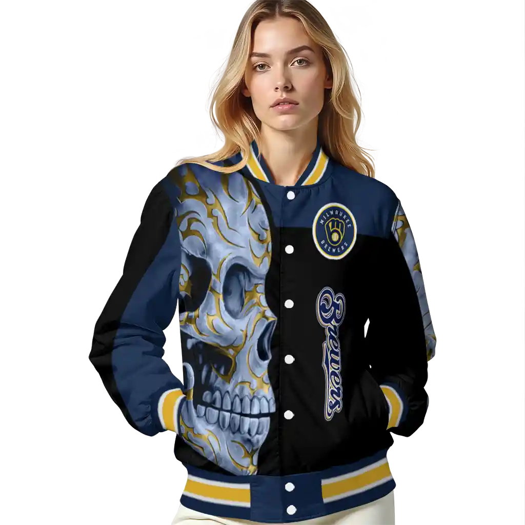 milwaukee brewers fire skull navy blue black varsity jacket latest model milwaukee brewers fire skull navy blue black varsity jacket latest model
