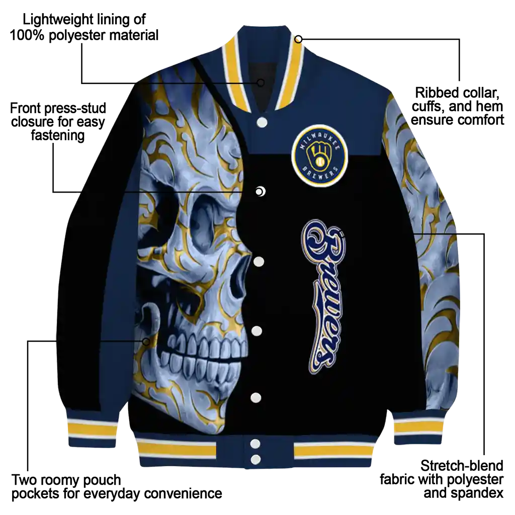 milwaukee brewers fire skull navy blue black varsity jacket new arrival milwaukee brewers fire skull navy blue black varsity jacket new arrival