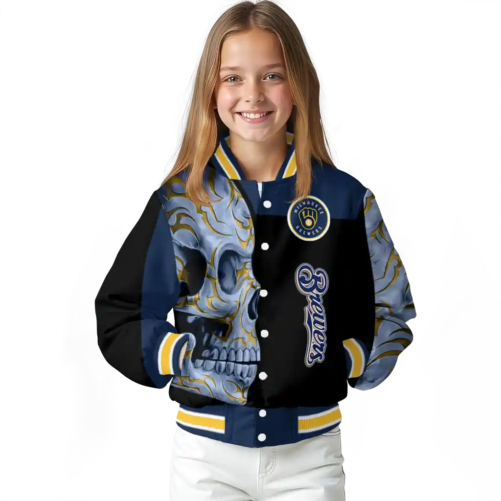 milwaukee brewers fire skull navy blue black varsity jacket top rated milwaukee brewers fire skull navy blue black varsity jacket top rated