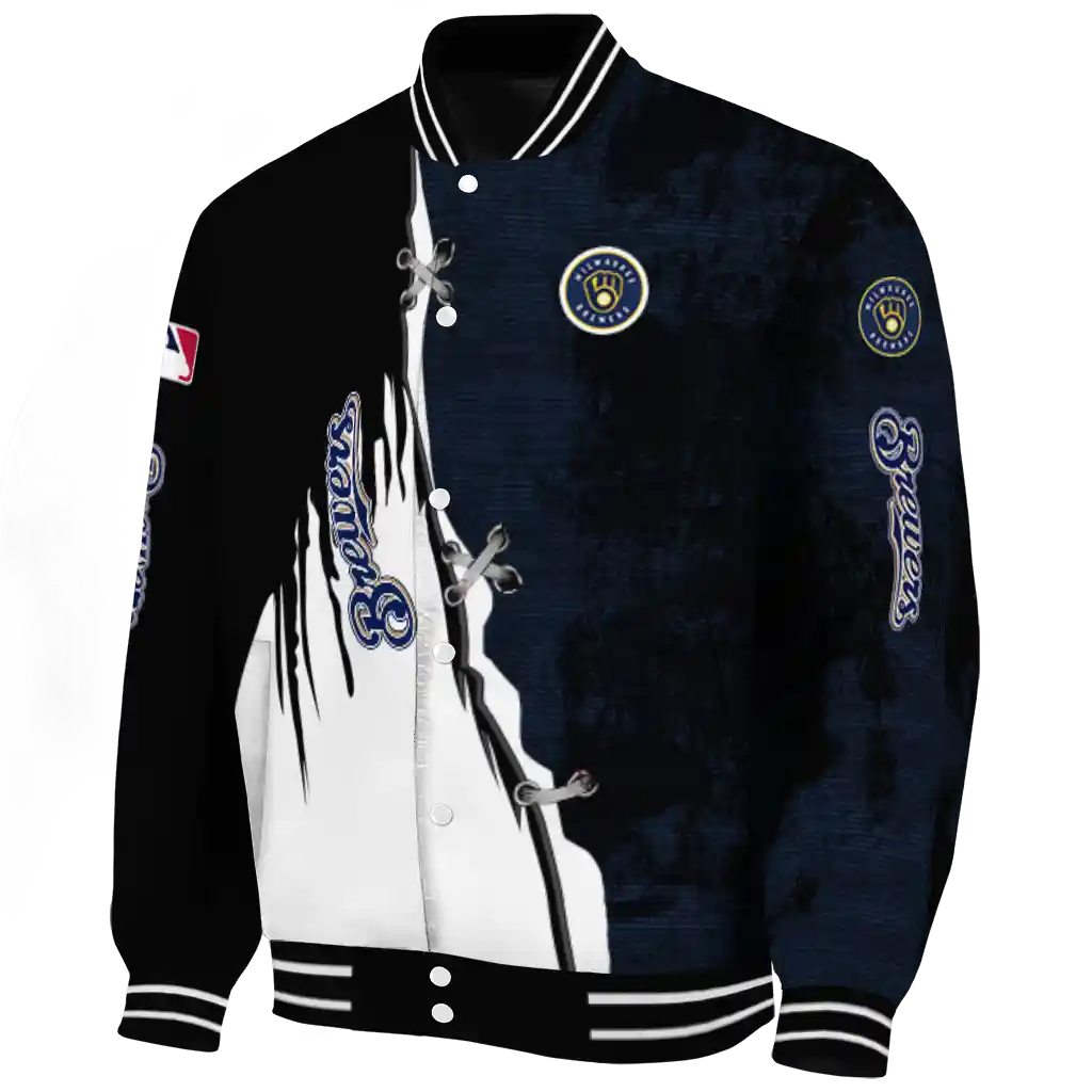milwaukee brewers grunge cut design navy blue black varsity jacket best selling milwaukee brewers grunge cut design navy blue black varsity jacket best selling