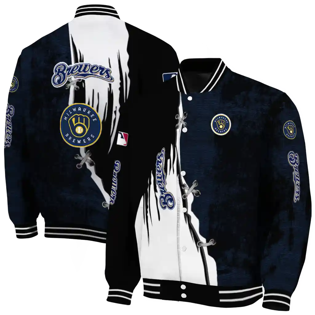 milwaukee brewers grunge cut design navy blue black varsity jacket fashion forward milwaukee brewers grunge cut design navy blue black varsity jacket fashion forward